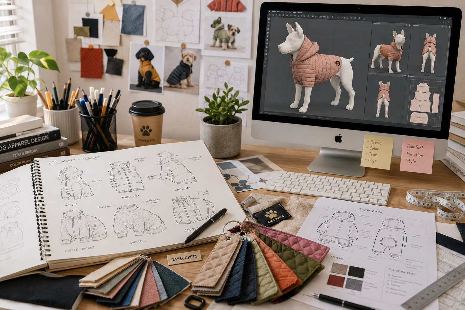 a designer's desk showing sketches for dog clothes, fabric swatches, and a computer with a 3D model